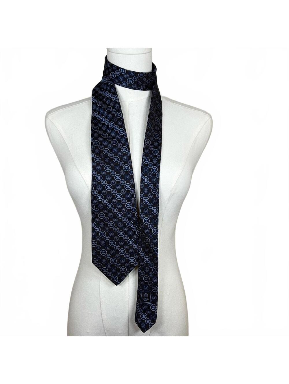 Chanel Vintage Silk CC Logo Tie Brown Blue OS